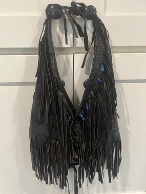 Black Leather Fringe Beaded Vest/Top